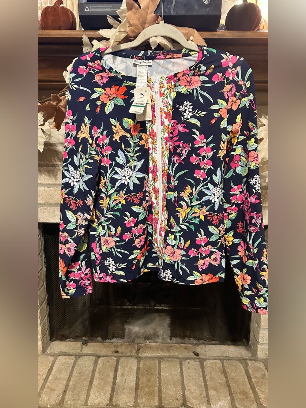 Tommy Bahama Floral Zip swim top in Navy with Multicolor Blooms